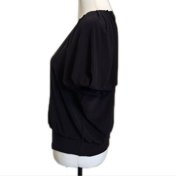 Express Crew Neck Puff Sleeve Riched Black Bodysuit Top, LIKE NEW, M - Picture 4 of 5